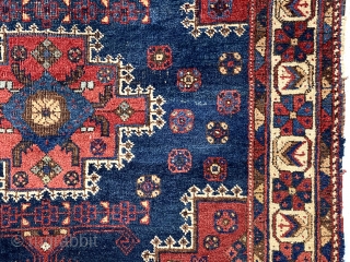 Antique little Afshar rug with classic design in good condition and lovely colors. Overall decent pile with slight scattered wear. Slight brown oxidation. Some warp depression. Nice squarish size. Reasonably clean. All  ...