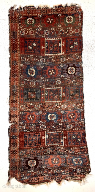 Antique Kurdish divan cover. Older example of this well known type. Mostly decent pile. All good natural colors featuring lovely blues, deep greens and a rich apricot orange. Scattered wear, creases, and  ...