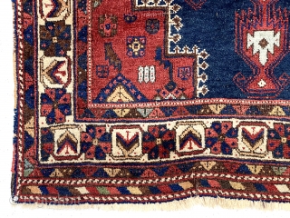 Antique little Afshar rug with classic design in good condition and lovely colors. Overall decent pile with slight scattered wear. Slight brown oxidation. Some warp depression. Nice squarish size. Reasonably clean. All  ...