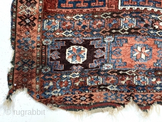 Antique Kurdish divan cover. Older example of this well known type. Mostly decent pile. All good natural colors featuring lovely blues, deep greens and a rich apricot orange. Scattered wear, creases, and  ...