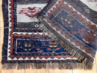 Antique small tribal mixed technique rug, probably Kurdish, with unusual pictorial panels. The flat woven panels show people farming and tending animals. Borders, end panel and panel decoration are all piled. Overall  ...