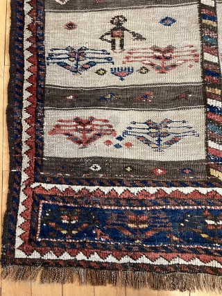 Antique small tribal mixed technique rug, probably Kurdish, with unusual pictorial panels. The flat woven panels show people farming and tending animals. Borders, end panel and panel decoration are all piled. Overall  ...