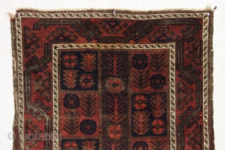 antique little baluch rug with an interesting design. Fair condition with mostly good pile. Heavy brown oxidation. Just aquired, not washed. Bit of selvage rewrapping or repair. No significant repairs. I see  ...