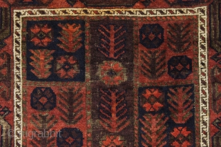 antique little baluch rug with an interesting design. Fair condition with mostly good pile. Heavy brown oxidation. Just aquired, not washed. Bit of selvage rewrapping or repair. No significant repairs. I see  ...