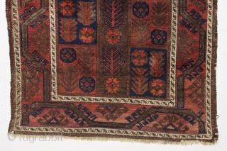 antique little baluch rug with an interesting design. Fair condition with mostly good pile. Heavy brown oxidation. Just aquired, not washed. Bit of selvage rewrapping or repair. No significant repairs. I see  ...