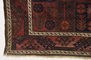 antique little baluch rug with an interesting design. Fair condition with mostly good pile. Heavy brown oxidation. Just aquired, not washed. Bit of selvage rewrapping or repair. No significant repairs. I see  ...