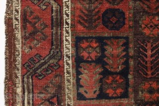 antique little baluch rug with an interesting design. Fair condition with mostly good pile. Heavy brown oxidation. Just aquired, not washed. Bit of selvage rewrapping or repair. No significant repairs. I see  ...