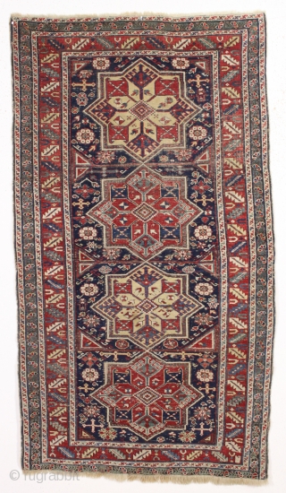 antique caucasian shirvan rug. Nice older example fresh picked in New England this week. As found, very dirty with even low pile and heavily oxidized browns. Original sides. All natural colors. Few  ...