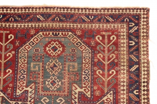 antique caucasian sewan kazak rug. Large older example of this interesting type. As found, overall thin with low plle, creases and some slight damage as shown. Heavily oxidized browns. All natural colors  ...