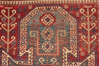 antique caucasian sewan kazak rug. Large older example of this interesting type. As found, overall thin with low plle, creases and some slight damage as shown. Heavily oxidized browns. All natural colors  ...