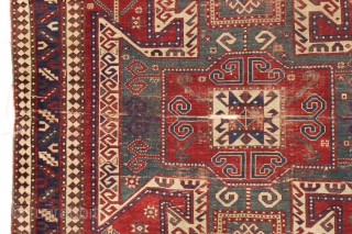 antique caucasian sewan kazak rug. Large older example of this interesting type. As found, overall thin with low plle, creases and some slight damage as shown. Heavily oxidized browns. All natural colors  ...