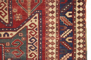 antique caucasian sewan kazak rug. Large older example of this interesting type. As found, overall thin with low plle, creases and some slight damage as shown. Heavily oxidized browns. All natural colors  ...