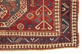 antique caucasian sewan kazak rug. Large older example of this interesting type. As found, overall thin with low plle, creases and some slight damage as shown. Heavily oxidized browns. All natural colors  ...