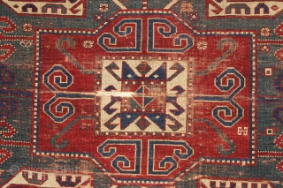 antique caucasian sewan kazak rug. Large older example of this interesting type. As found, overall thin with low plle, creases and some slight damage as shown. Heavily oxidized browns. All natural colors  ...