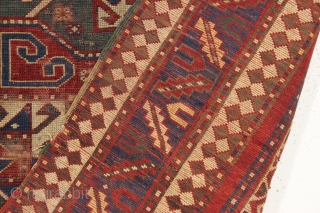 antique caucasian sewan kazak rug. Large older example of this interesting type. As found, overall thin with low plle, creases and some slight damage as shown. Heavily oxidized browns. All natural colors  ...