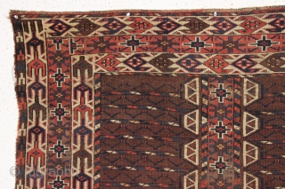 antique turkman yomud ensi in fair condition with good drawing and particularly nice elem panels.  Fresh to the market. As found, a bit dirty with overall fair pile, some center wear  ...