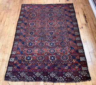 Antique turkman small carpet or ensi if you prefer. Ersari? Well drawn “Mina khani” field and attractive elem or skirt panel. All natural colors. Some good pile. Areas of heavy wear and  ...