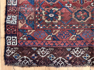 Antique turkman small carpet or ensi if you prefer. Ersari? Well drawn “Mina khani” field and attractive elem or skirt panel. All natural colors. Some good pile. Areas of heavy wear and  ...