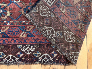 Antique turkman small carpet or ensi if you prefer. Ersari? Well drawn “Mina khani” field and attractive elem or skirt panel. All natural colors. Some good pile. Areas of heavy wear and  ...