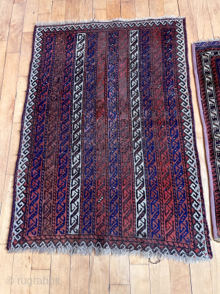 Must like stripes. Baluch balisht and rug with similar striped or cane design. Some wear as shown. Both dirty. 35” x 49” and 22” x 40” two for the price of one.  ...