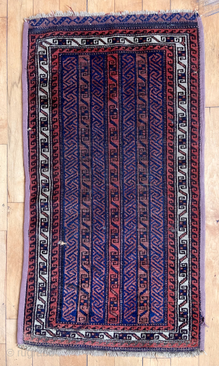 Must like stripes. Baluch balisht and rug with similar striped or cane design. Some wear as shown. Both dirty. 35” x 49” and 22” x 40” two for the price of one.  ...