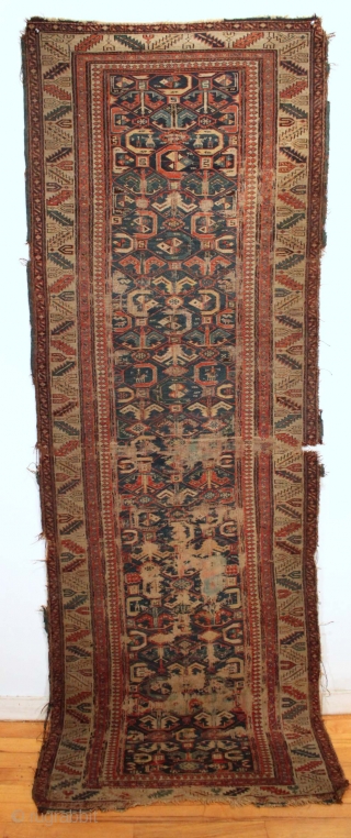 Antique caucasian sumak rug with good drawing. "as found"  Very rough. Very dirty. Damaged as shown. Structurally sound.  Good age, ca.1875 or earlier. 3' 4" x 9' 4". 
  