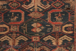 Antique caucasian sumak rug with good drawing. "as found"  Very rough. Very dirty. Damaged as shown. Structurally sound.  Good age, ca.1875 or earlier. 3' 4" x 9' 4". 
  