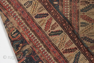 Antique caucasian sumak rug with good drawing. "as found"  Very rough. Very dirty. Damaged as shown. Structurally sound.  Good age, ca.1875 or earlier. 3' 4" x 9' 4". 
  