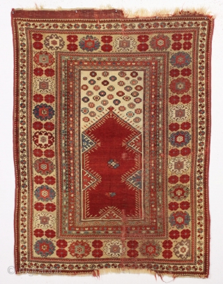 antique melas prayer rug. Classic design. Lustrous wool. All natural colors with nice purples and greens. Found in New England. Washed but not repaired. Good age, ca 1870 or earlier. 3'10" x  ...