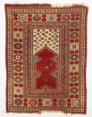 antique melas prayer rug. Classic design. Lustrous wool. All natural colors with nice purples and greens. Found in New England. Washed but not repaired. Good age, ca 1870 or earlier. 3'10" x  ...