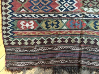 Antique south Persian kelim. All natural colors featuring nice yellows and rich greens. As found, very dirty with mostly good condition but a few small rough spots as shown. Will look terrific  ...