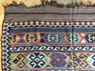 Antique south Persian kelim. All natural colors featuring nice yellows and rich greens. As found, very dirty with mostly good condition but a few small rough spots as shown. Will look terrific  ...