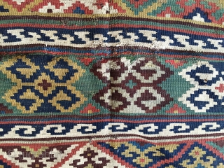 Antique south Persian kelim. All natural colors featuring nice yellows and rich greens. As found, very dirty with mostly good condition but a few small rough spots as shown. Will look terrific  ...