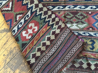 Antique south Persian kelim. All natural colors featuring nice yellows and rich greens. As found, very dirty with mostly good condition but a few small rough spots as shown. Will look terrific  ...