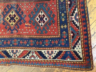 Antique large Kazak rug. Unusual and bold design. As found, in need of restoration. 4'8" x 8'10" 19th c.              