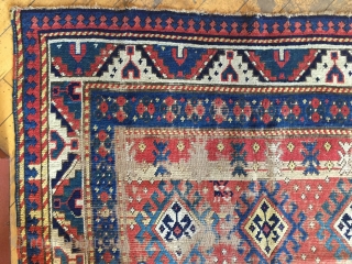 Antique large Kazak rug. Unusual and bold design. As found, in need of restoration. 4'8" x 8'10" 19th c.              