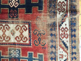 Antique large Kazak. Karachopf variant. As found, very dirty and in need of extensive restoration. 19th c.  5'2" X 7'7"            