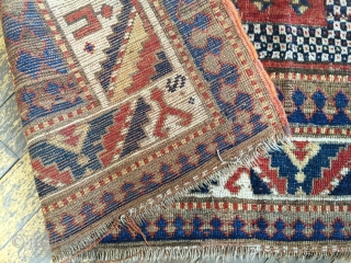 Antique large Kazak. Karachopf variant. As found, very dirty and in need of extensive restoration. 19th c.  5'2" X 7'7"            