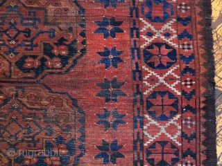 Antique ersari guli Gul carpet. Lobbed guls. More or less complete but very very worn. One tiny hole. Goat hair warped. Ant high pile. Dirty. 19th c. 6'8" X 7'6"   