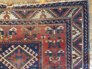 Antique little Kazak rug. Nice design and all good colors but with wear and damage as shown. Very dirty. 19th c. 3'9" X 5'9"         