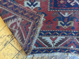 Antique little Kazak rug. Nice design and all good colors but with wear and damage as shown. Very dirty. 19th c. 3'9" X 5'9"         