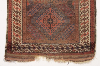 antique little baluch rug. Classic older mushwani type with latch hooked design and all good colors. As found this week, very dirty with allover low pile and a few tiny old holes  ...