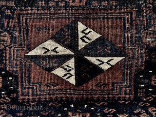 Antique large Baluch bagface with an attractive and rare design. Original selvages and remnant fancy ends. Very low pile with wear as shown. Natural colors. As found, in need of a good  ...