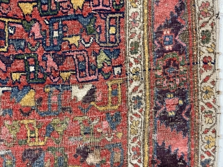 Early northwest Persian rug, possibly Kurd bidjar, very rough, with a most unusual field design. I don’t think I have ever seen this repeat pattern as such. The archaic main border seems  ...