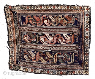 Antique little flat woven soumak(?) textile object. Interesting older tribal weaving, I assume a fragment of some larger piece. I see that the left border is sewn on to the field. Whites  ...