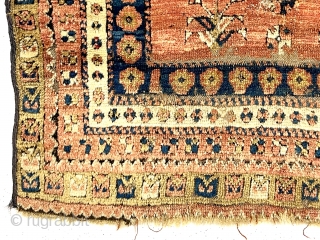 Antique little tribal prayer rug, probably monastir, with eye catching archaic drawing. Rough condition with an assortment of tears, holes, gouges and wear. Some decent pile. Characteristic monastir soft palette. Could use  ...