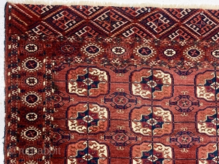 Older little tekke rug with good quality and soft lustrous wool. Nice rounded main guls and attractive minors. Overall mostly fair low pile with scattered wear as shown. A couple small spots  ...