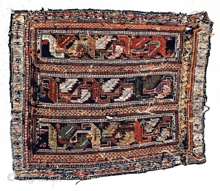 Antique little flat woven soumak(?) textile object. Interesting older tribal weaving, I assume a fragment of some larger piece. I see that the left border is sewn on to the field. Whites  ...