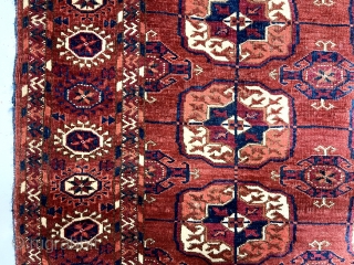 Older little tekke rug with good quality and soft lustrous wool. Nice rounded main guls and attractive minors. Overall mostly fair low pile with scattered wear as shown. A couple small spots  ...