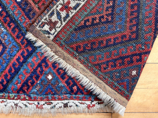 Older jaf Kurd Bagface. Color, color, color. Coarse weave with moderately depressed warps. Offset knotting. Imperfect but did I mention great colors? 19th c. Price- $395 or bo
28” x 40”   